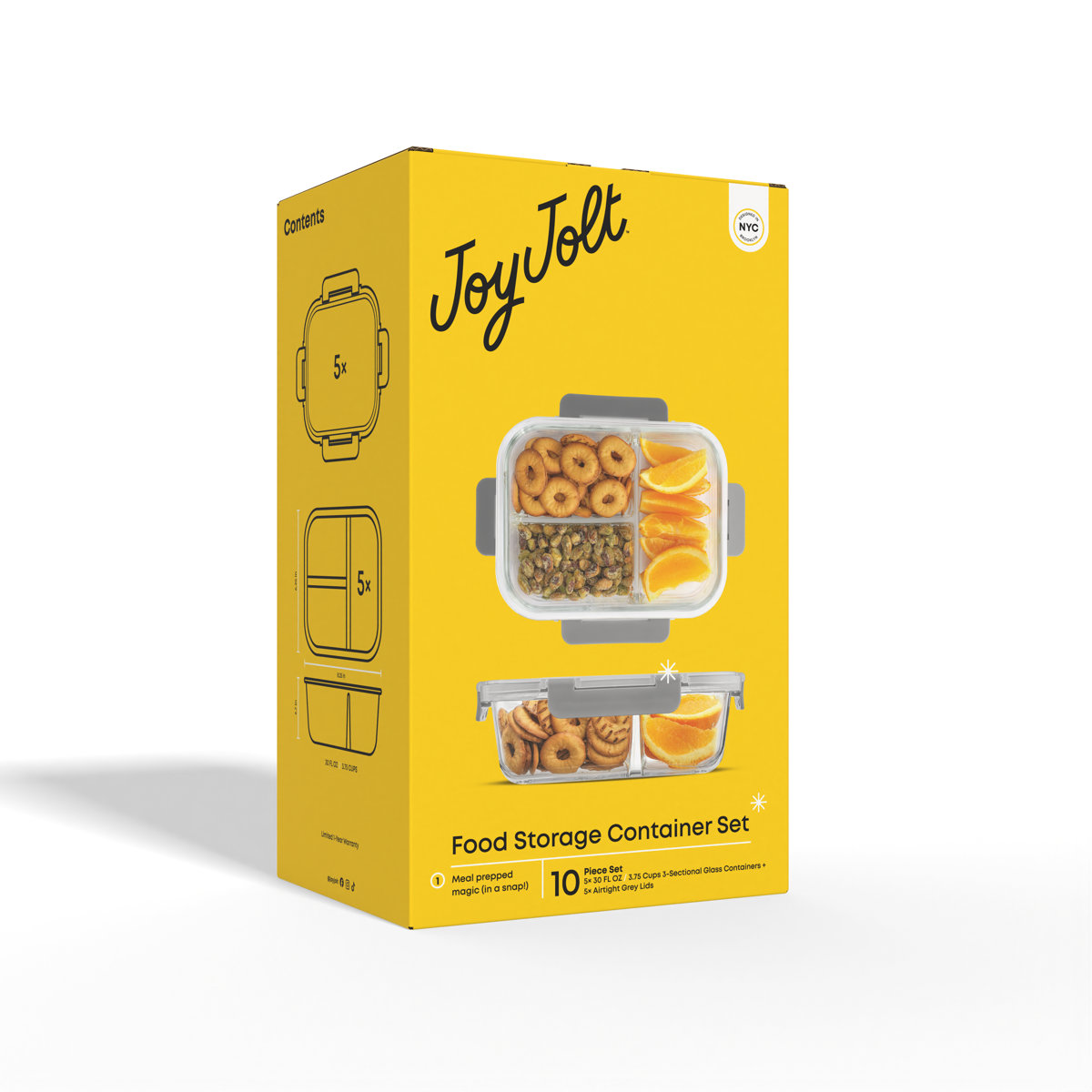 JoyJolt 10-Piece 3-Section Glass Food Storage Container (Set of 5)